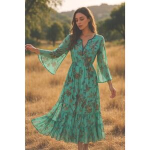 Leaves Of Grass Maxi Dress Sz 38 Medium 100% Silk Hand Embroidered Lined $495